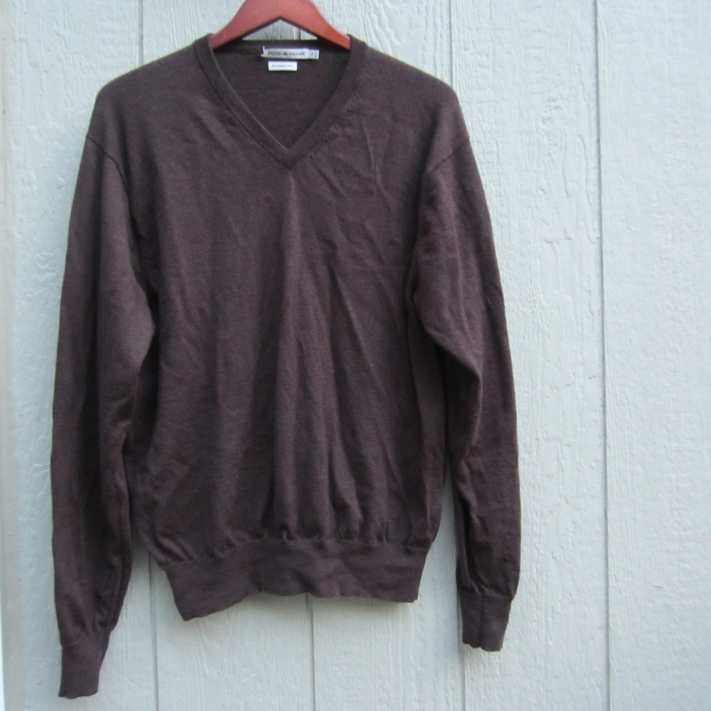 Peter Millar Sweater 100% Merino Wool Men's L V-Neck Pullover Brown Long Sleeves